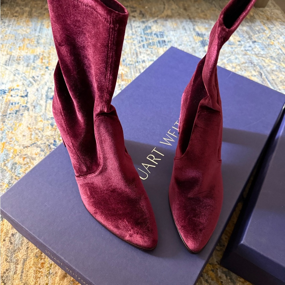 Stuart Weitzman Women's Velvet Heeled Bootie- Burgandy 9